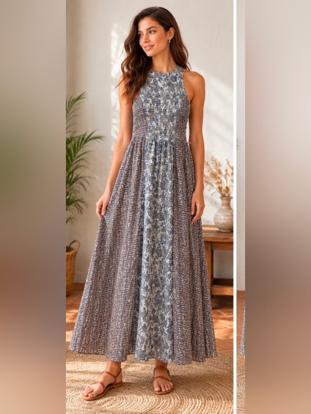 Japna Boho Mixed Print Maxi Dress Sleeveless Smocked Bodice Flowy Festival Style